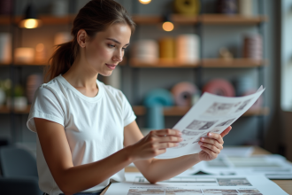 Femme analysant un échantillon textile dans un atelier créatif