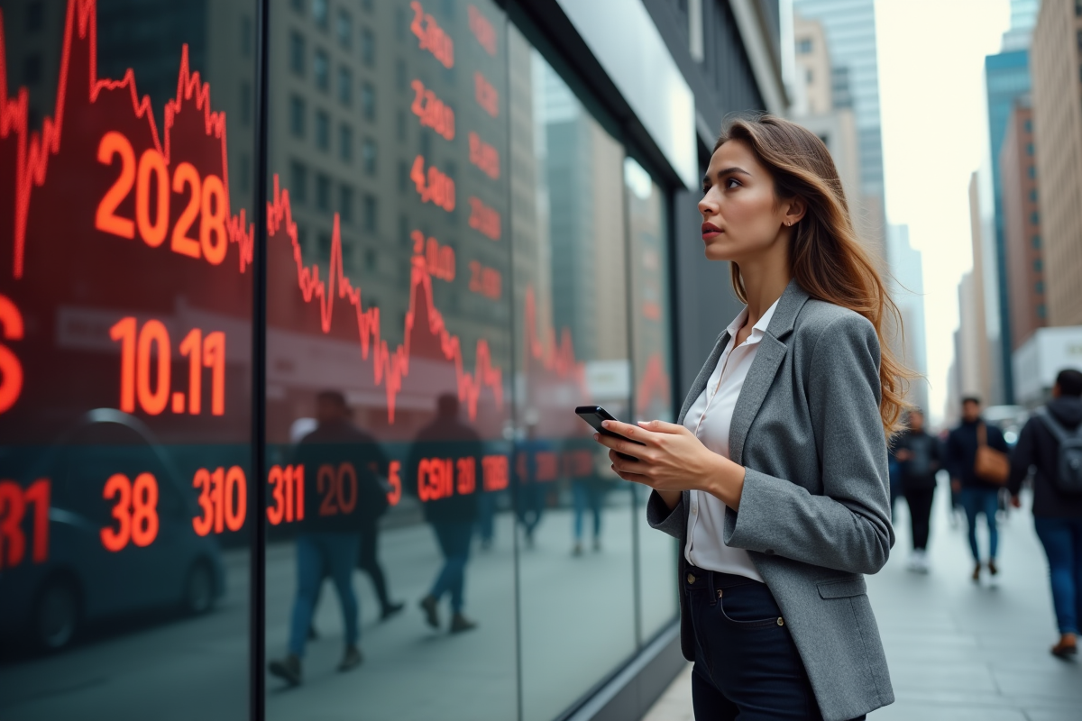 Jeune femme regardant un écran boursier en extérieur