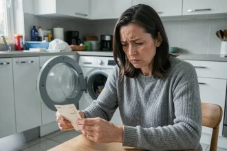 Femme frustrée tenant un reçu devant un lave-linge en panne dans sa cuisine, illustrant un problème de garantie Darty