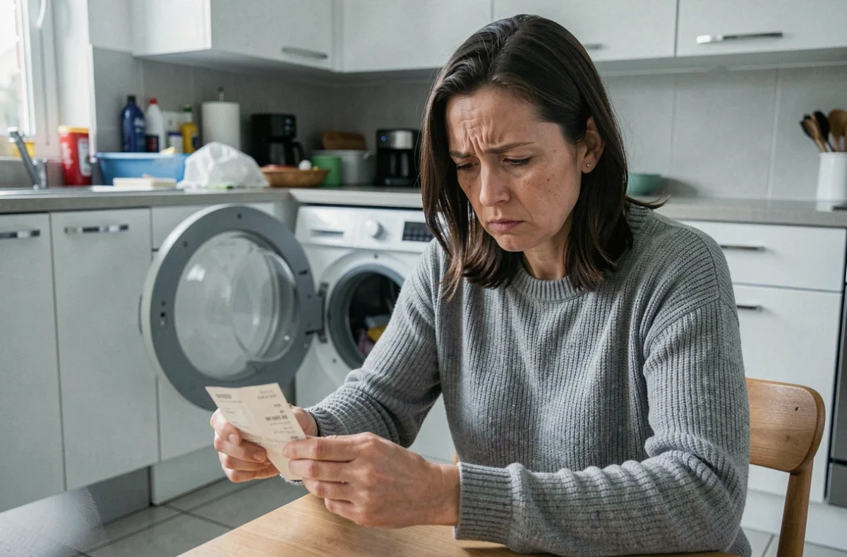 Femme frustrée tenant un reçu devant un lave-linge en panne dans sa cuisine, illustrant un problème de garantie Darty