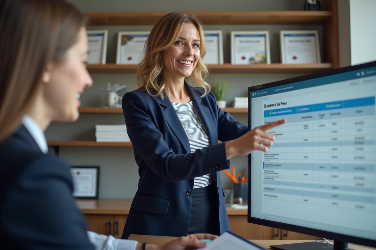Femme souriante pr&eacute;sentant des frais de vente immobili&egrave;re en agence