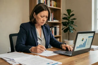 Femme inquiète examinant des documents financiers à son bureau à domicile, illustrant les questions sur la fiabilité d'une société financière