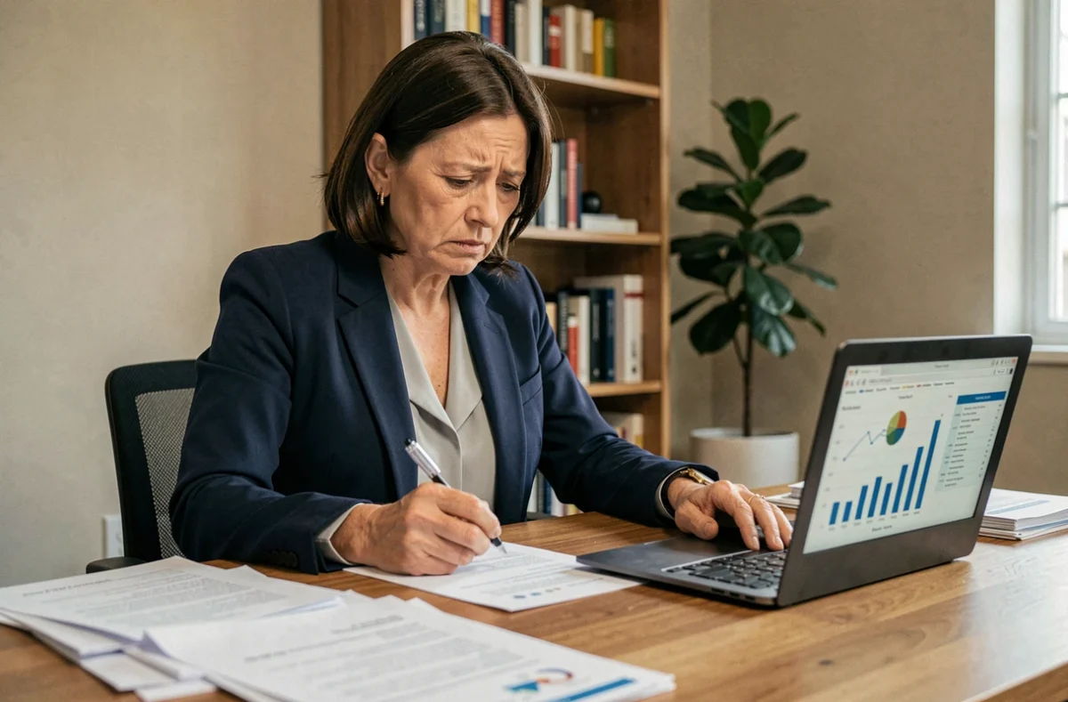 Femme inquiète examinant des documents financiers à son bureau à domicile, illustrant les questions sur la fiabilité d'une société financière