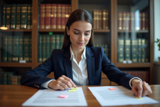 Femme en blazer bleu étudiant des documents juridiques