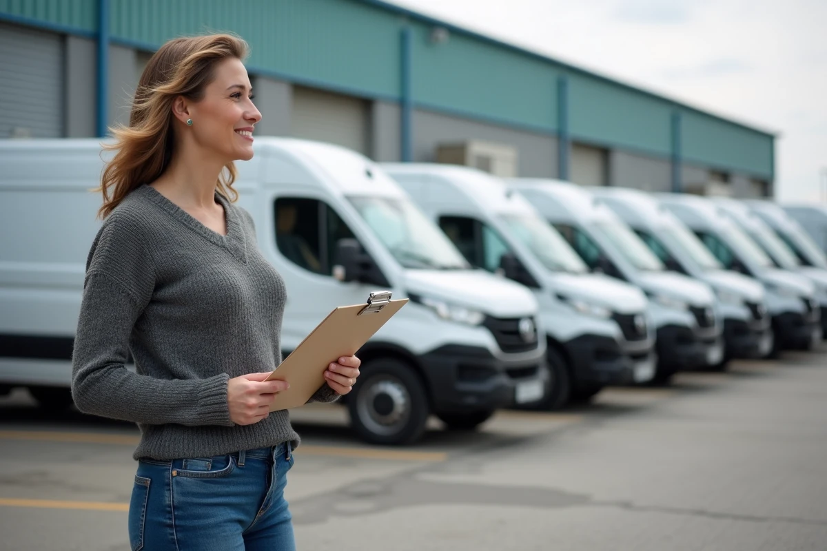 Femme dehors vérifiant une flotte de vans de livraison