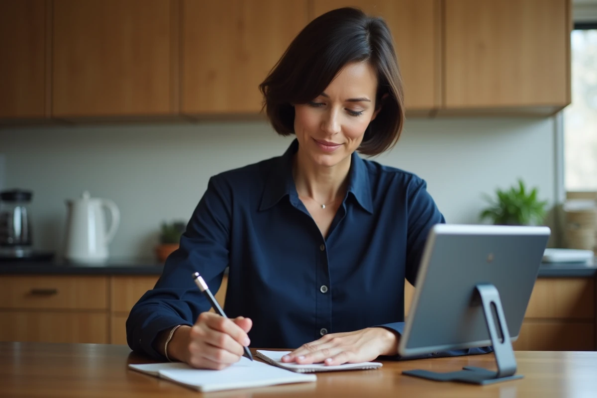 Femme prenant des notes devant une tablette affichant une interface de création d'entonnoir marketing à domicile