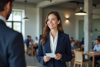 Femme professionnelle en blazer marine présentant son pitch lors d'un événement de networking B2B dans un espace de coworking moderne