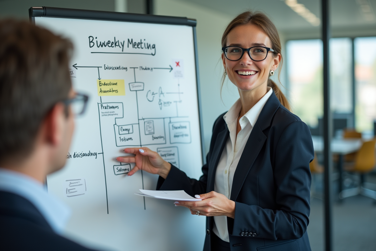 Femme en présentation avec tableau blanc dans un bureau lumineux