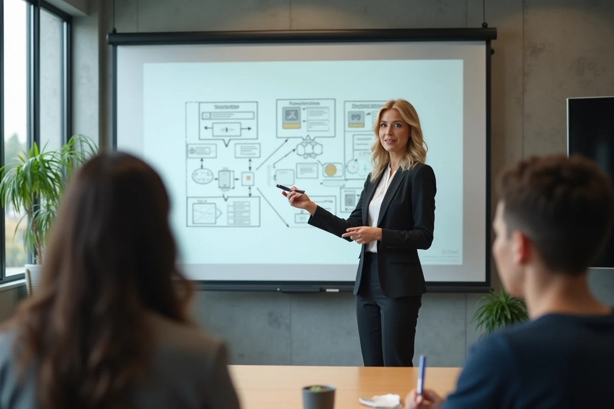 Femme en pr&eacute;sentation avec tableau blanc et &eacute;quipe en arri&egrave;re-plan