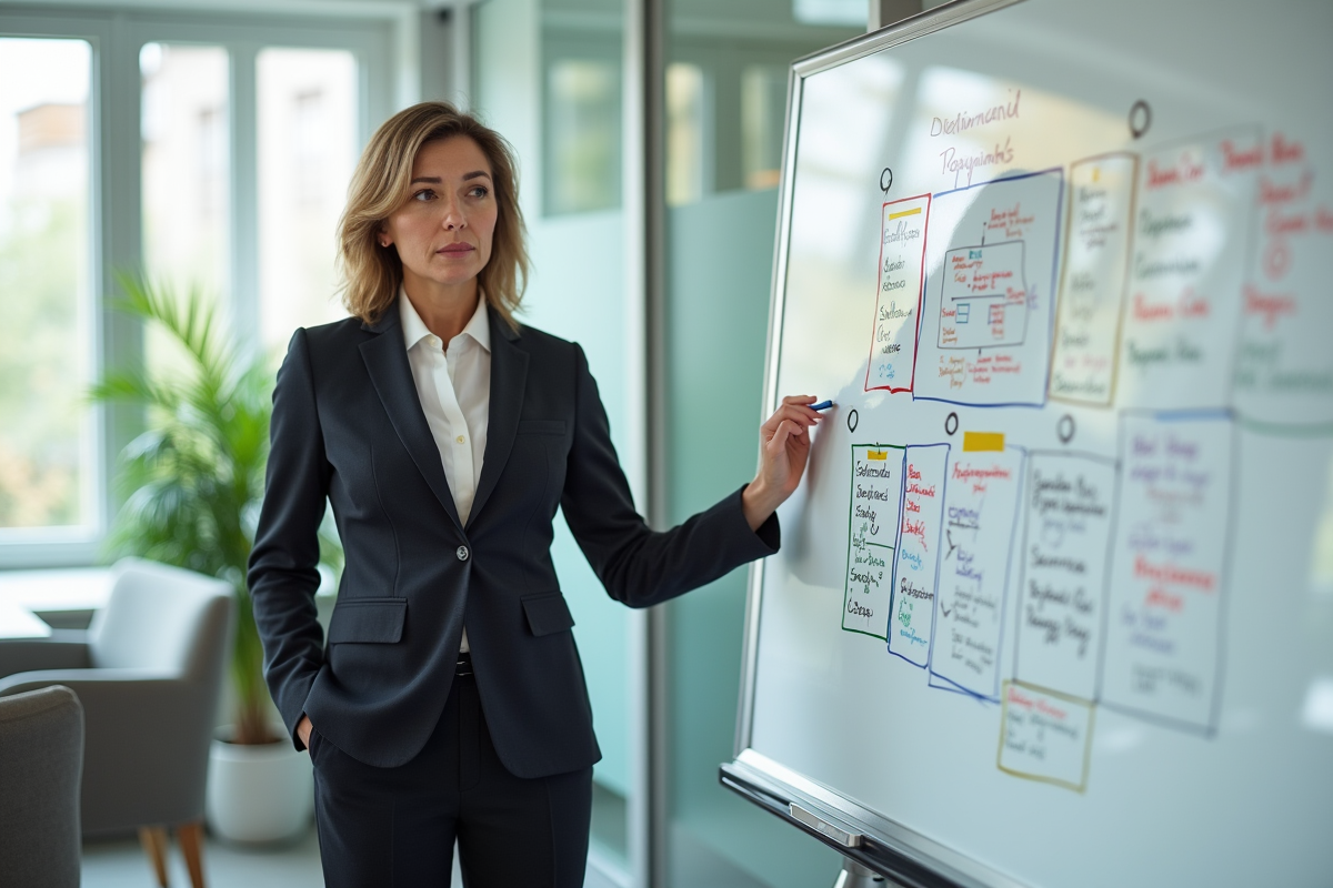 Femme en costume expliquant un organigramme dans une salle de réunion
