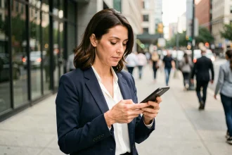 Femme professionnelle consultant l'application Agendis 62 sur son smartphone en déplacement en ville
