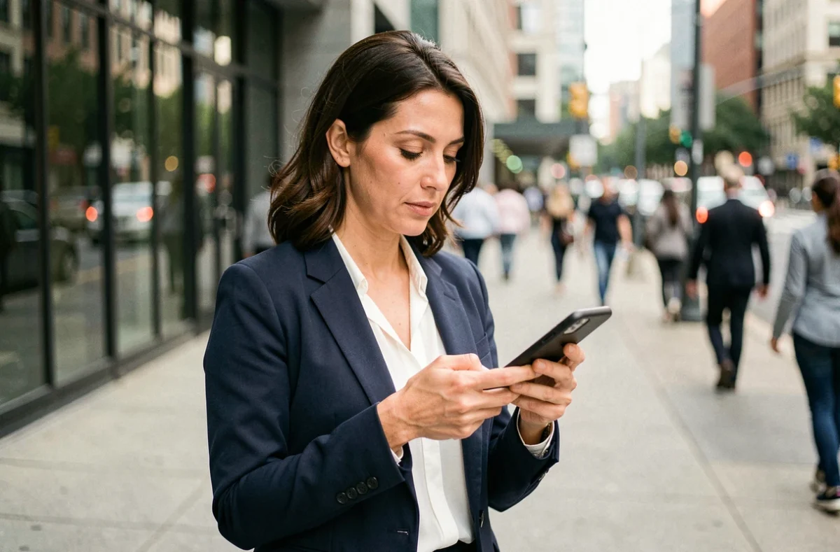 Femme professionnelle consultant l'application Agendis 62 sur son smartphone en déplacement en ville