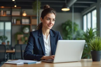 Femme professionnelle analysant des conseils business RobTheCoins sur un ordinateur portable dans un bureau moderne