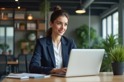 Femme professionnelle analysant des conseils business RobTheCoins sur un ordinateur portable dans un bureau moderne