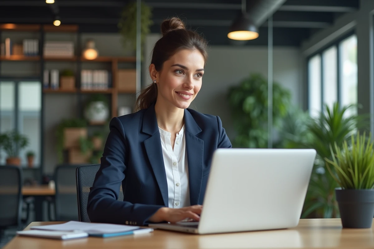 Femme professionnelle analysant des conseils business RobTheCoins sur un ordinateur portable dans un bureau moderne