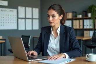Femme en bureau moderne avec calendrier et ordinateur