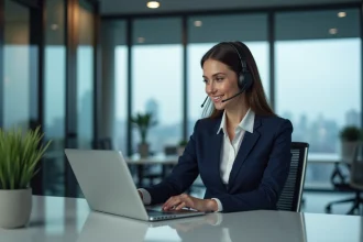 Femme professionnelle souriante au bureau avec casque et ordinateur