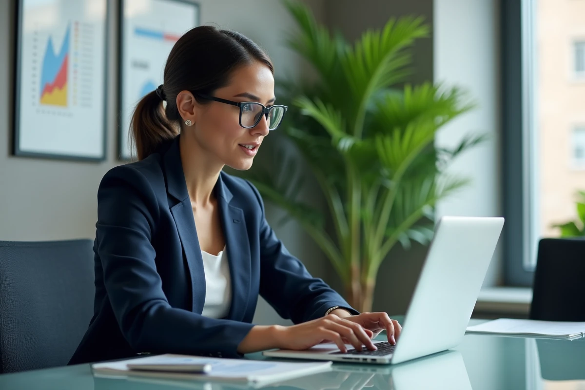 Femme professionnelle en réunion avec tableau de bord digital