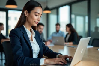 Femme professionnelle utilisant LinkedIn sur un ordinateur portable dans un bureau moderne, illustrant les bonnes pratiques de mise en forme des messages