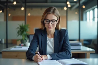 Femme professionnelle en blazer marine relisant une note de service imprimée à son bureau en open space