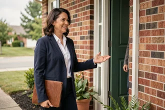 Femme commerciale en reconversion professionnelle devant une porte d'entrée d'un particulier lors d'une vente à domicile