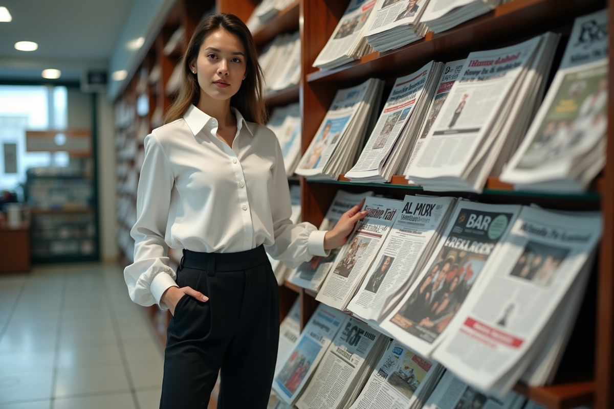 Jeune femme devant un stand de journaux et magazines