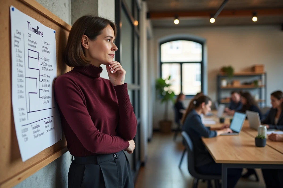 Femme réfléchissant aux délais du CSP devant un tableau de planification de formation longue en espace de coworking