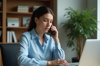 Femme au téléphone avec le service client DHL pour un colis bloqué en douane, assise à son bureau avec des documents d'expédition