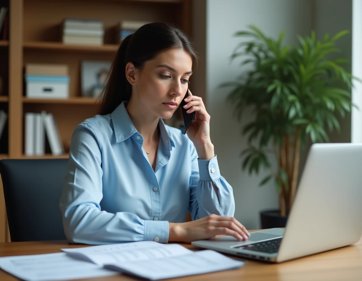 Femme au téléphone avec le service client DHL pour un colis bloqué en douane, assise à son bureau avec des documents d'expédition