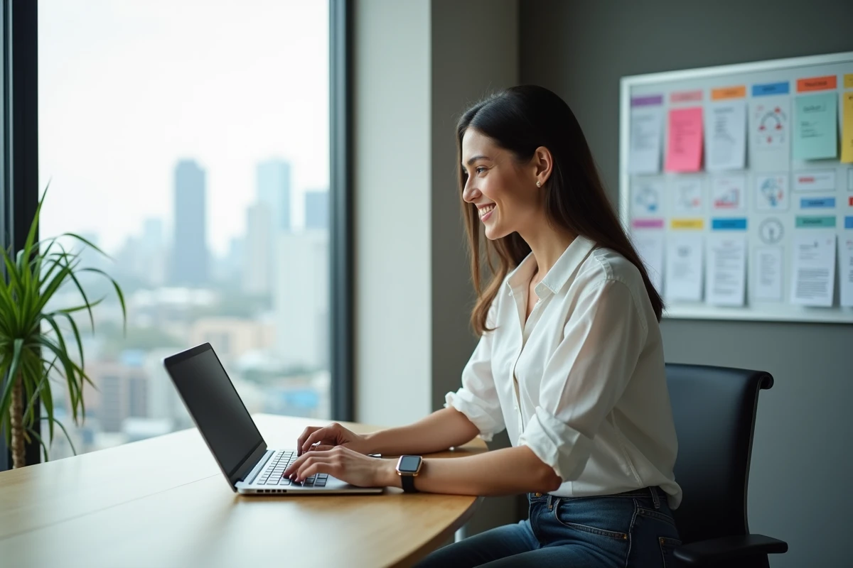 Jeune femme concentr&eacute;e travaillant sur son ordinateur portable