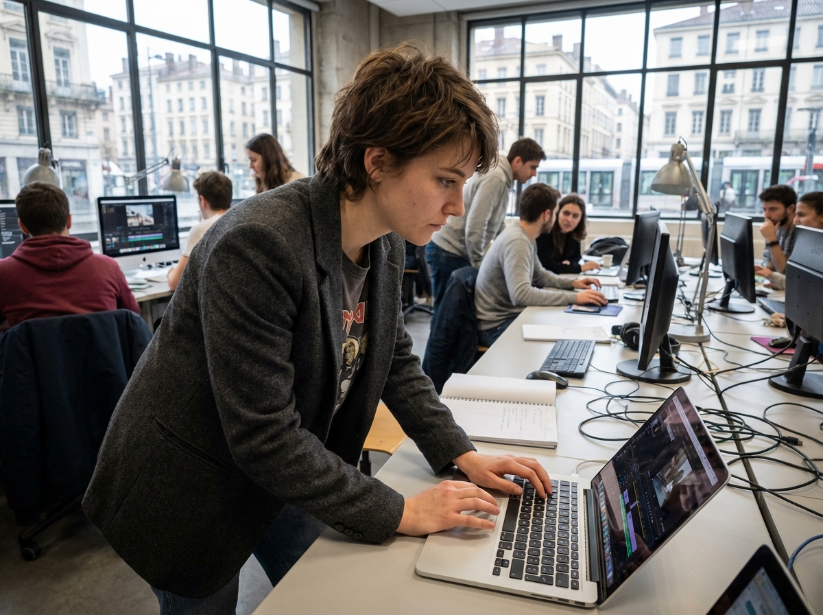 Jeune femme en train d editer une video dans un media lab a Lyon