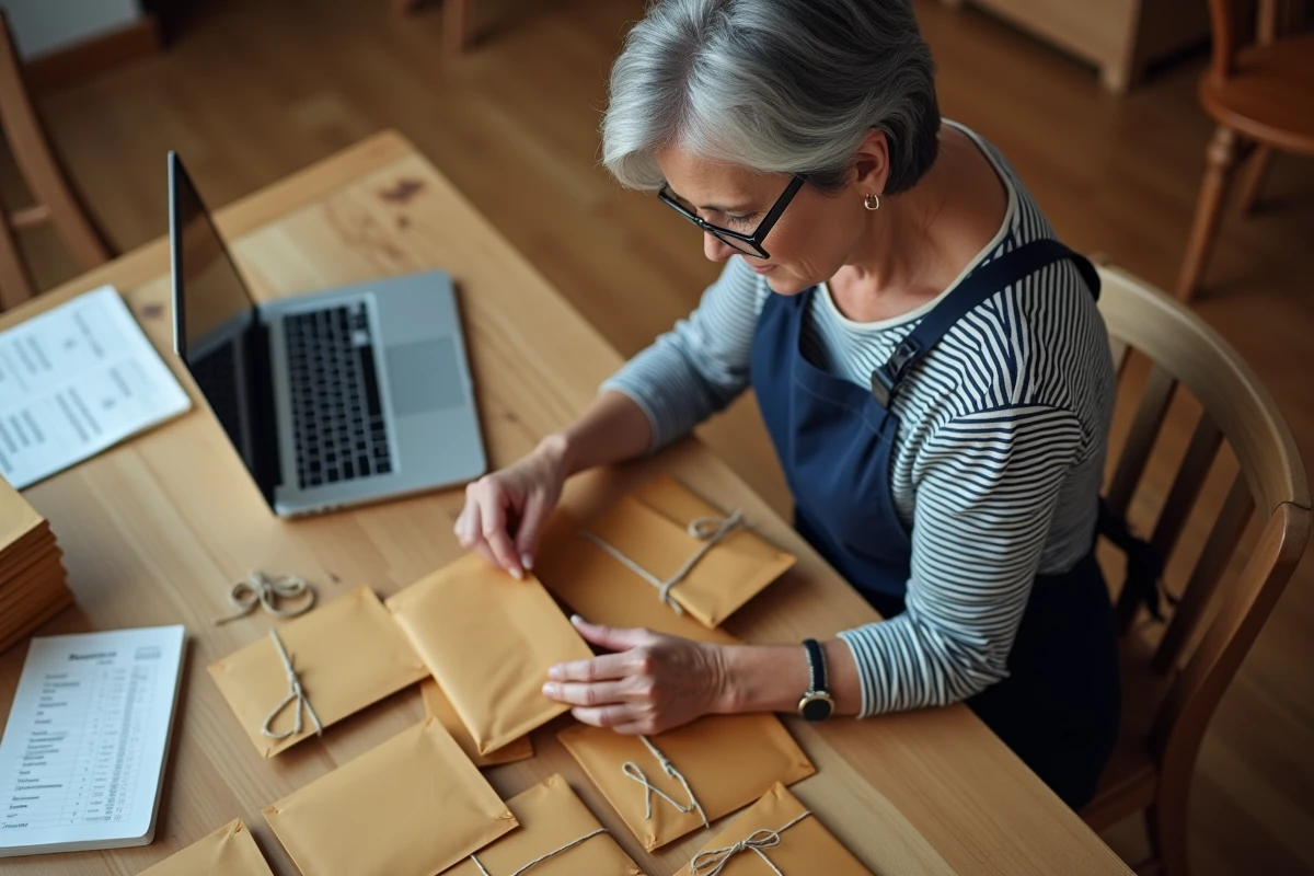Femme âgée triant des produits dans des enveloppes matelassées sur une grande table avec un ordinateur portable et des notes de suivi