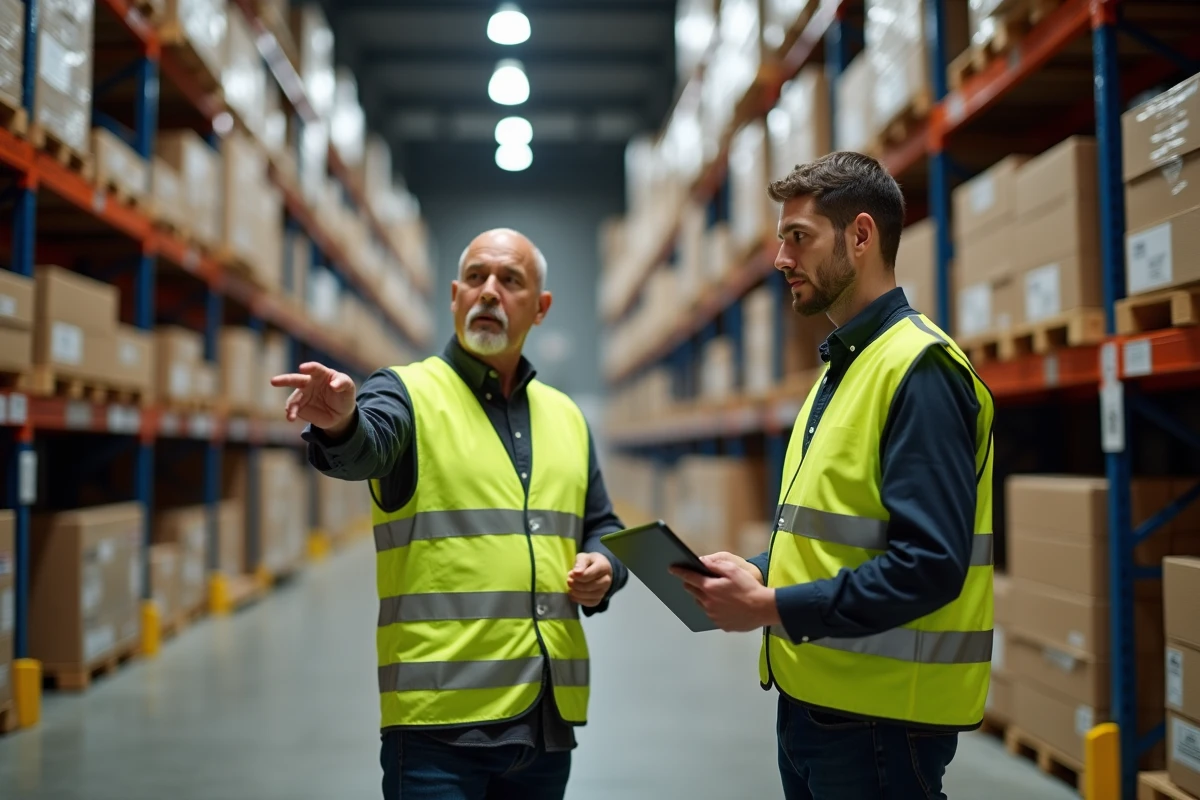 Formateur logistique expliquant les procédures à un employé dans un entrepôt Kuehne Nagel avec des rayonnages de stockage