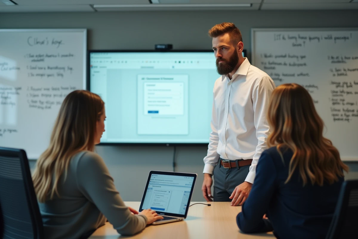 Technicien informatique formant une agente sur l'utilisation quotidienne d'un portail de connexion en salle de formation