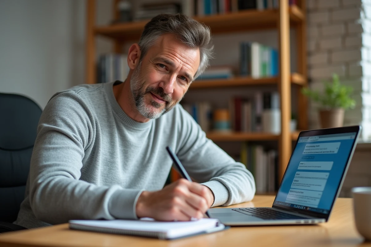 Homme en télétravail suivant une formation interne en ligne sur son ordinateur portable depuis son bureau à domicile
