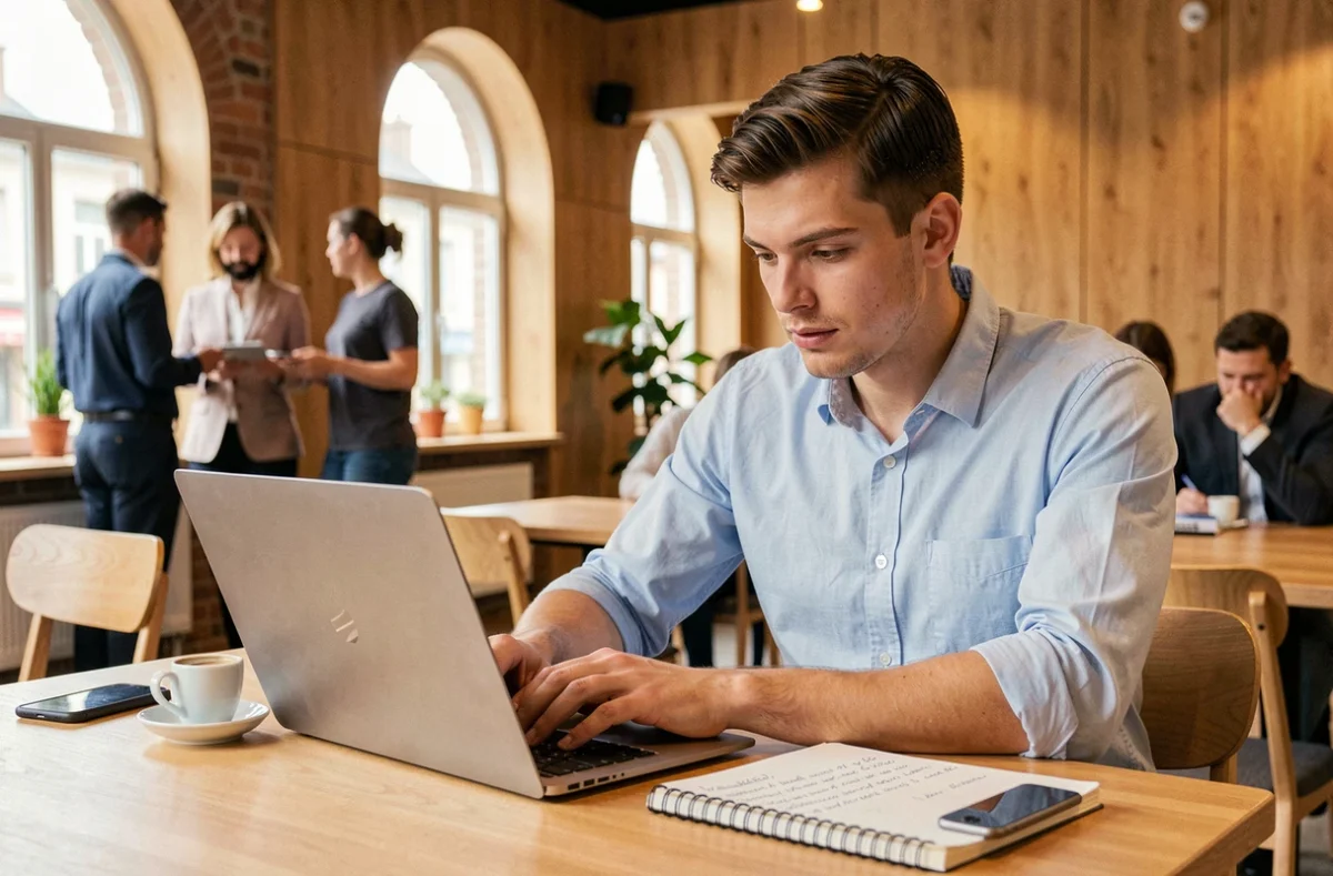 Jeune freelance en portage salarial travaillant sur son ordinateur dans un incubateur à Tours