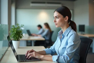 Une femme professionnelle gère un ticket de support sur CegidLife depuis son bureau en open space