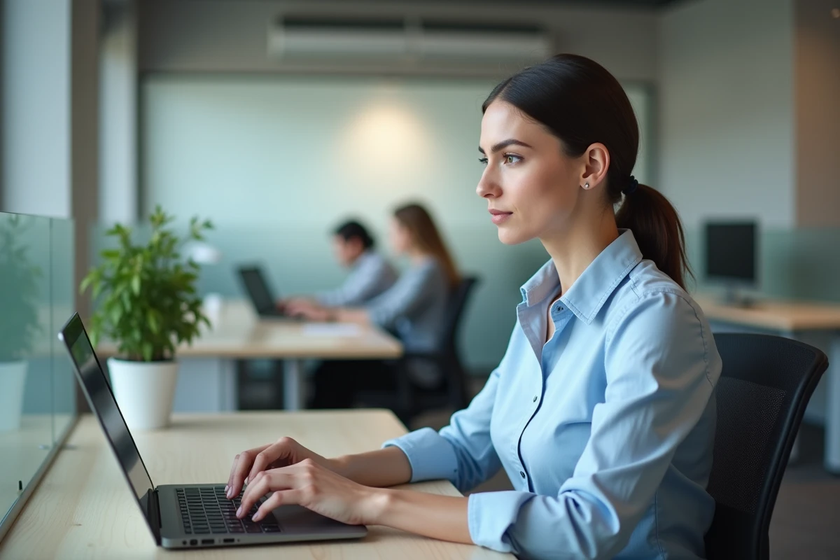 Une femme professionnelle gère un ticket de support sur CegidLife depuis son bureau en open space