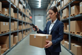Gestionnaire logistique féminine utilisant RFID dans un entrepôt parisien