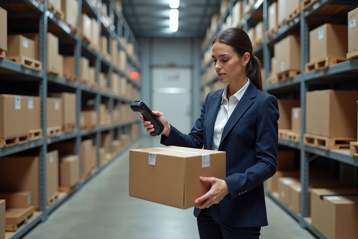 Gestionnaire logistique féminine utilisant RFID dans un entrepôt parisien