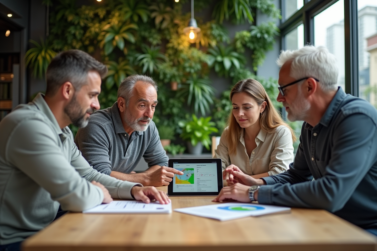 Groupe de quatre personnes discute dans un bureau écologique