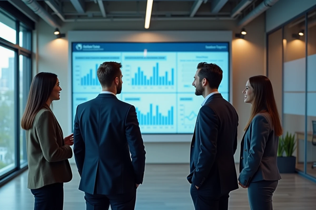 Groupe de professionnels discutant devant un &eacute;cran interactif