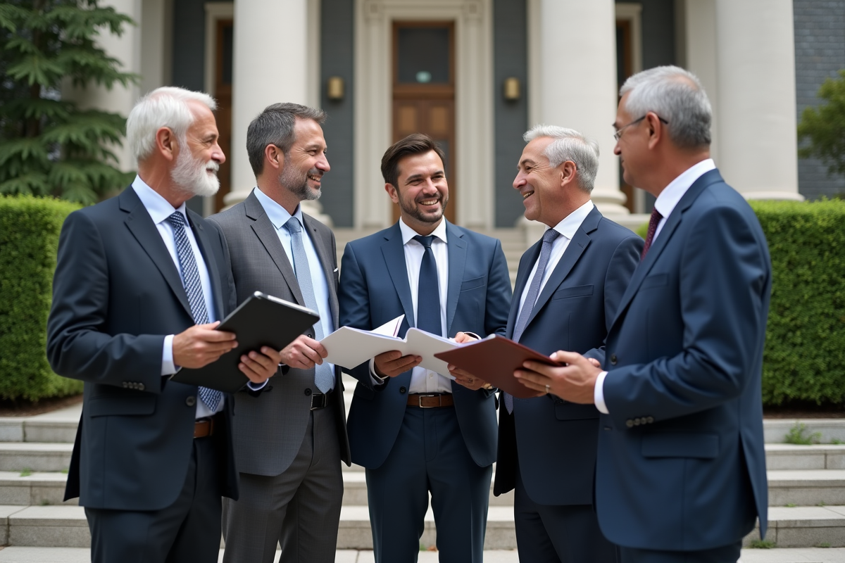 Groupe divers de personnes discutant devant un bâtiment officiel