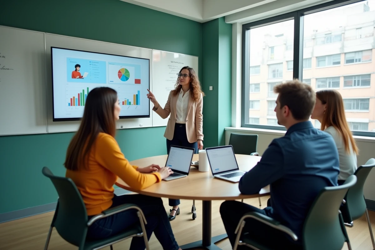 Groupe de collègues en salle de formation découvrant ensemble l'offre de formations internes sur un écran mural