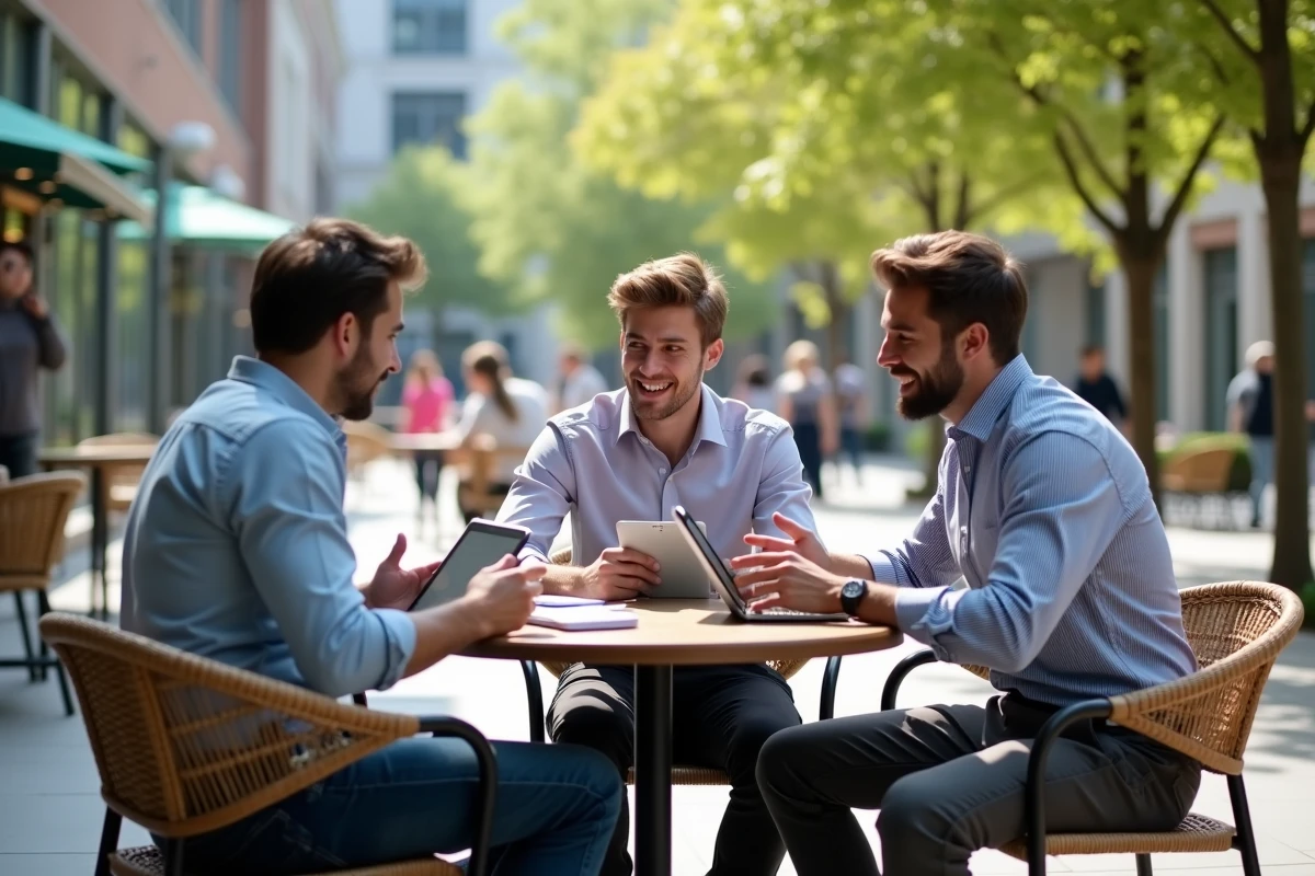 Jeunes professionnels discutant dans un caf&eacute; urbain