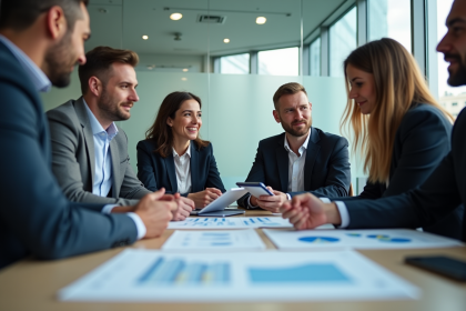 Groupe de professionnels en réunion dans un bureau lumineux