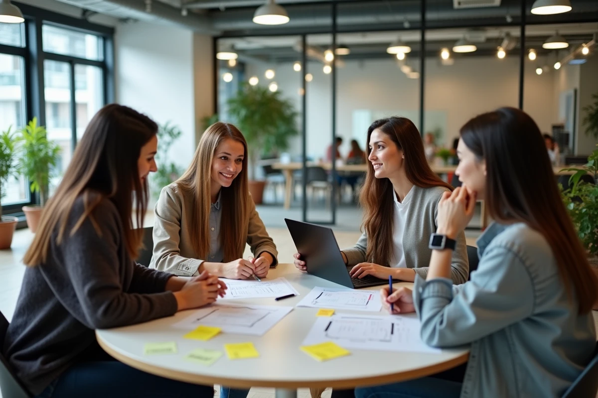 Groupe de salariés en session de développement des compétences autour d'une table dans un espace de travail collaboratif moderne