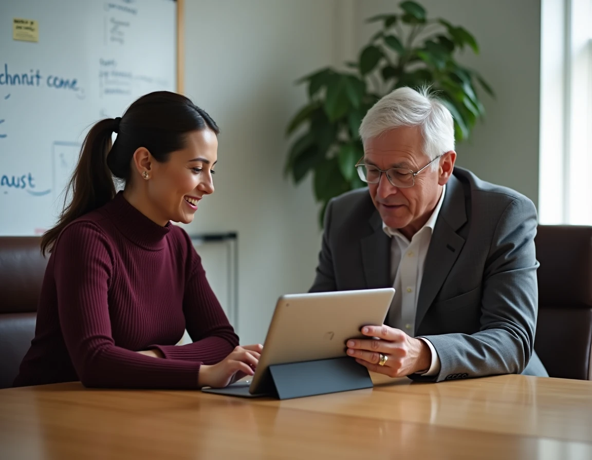 Deux collègues consultant un guide de connexion sur tablette dans une salle de réunion professionnelle