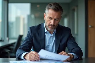 Homme d'affaires en costume bleu examine des rapports financiers