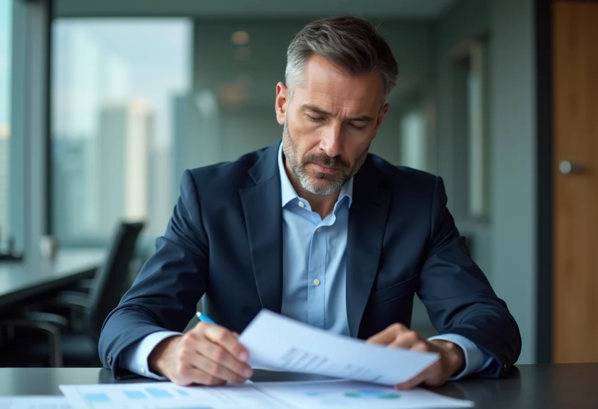 Homme d'affaires en costume bleu examine des rapports financiers